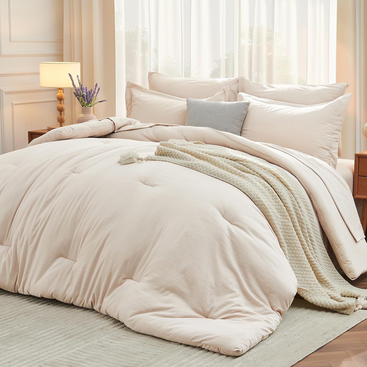 Beige 7-Piece Comforter Set Bed in a Bag