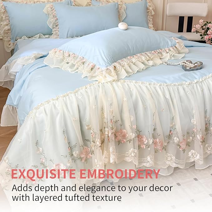 French Lace Trim Washed Cotton 4-Piece Duvet Cover Set Blue - Image 2