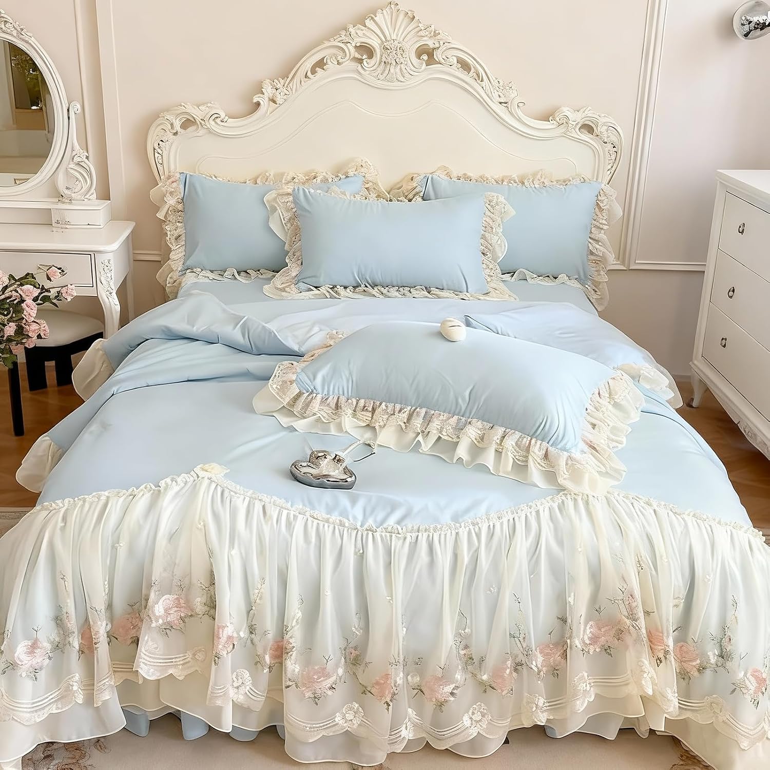 French Lace Trim Washed Cotton 4-Piece Duvet Cover Set Blue